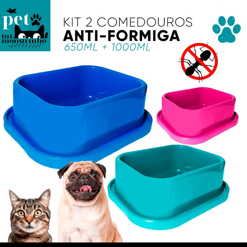 Kit Comedouro Bebedouro Retangular com bordas Anti-formiga para Cachorro Gato - 650ml e 1000ml