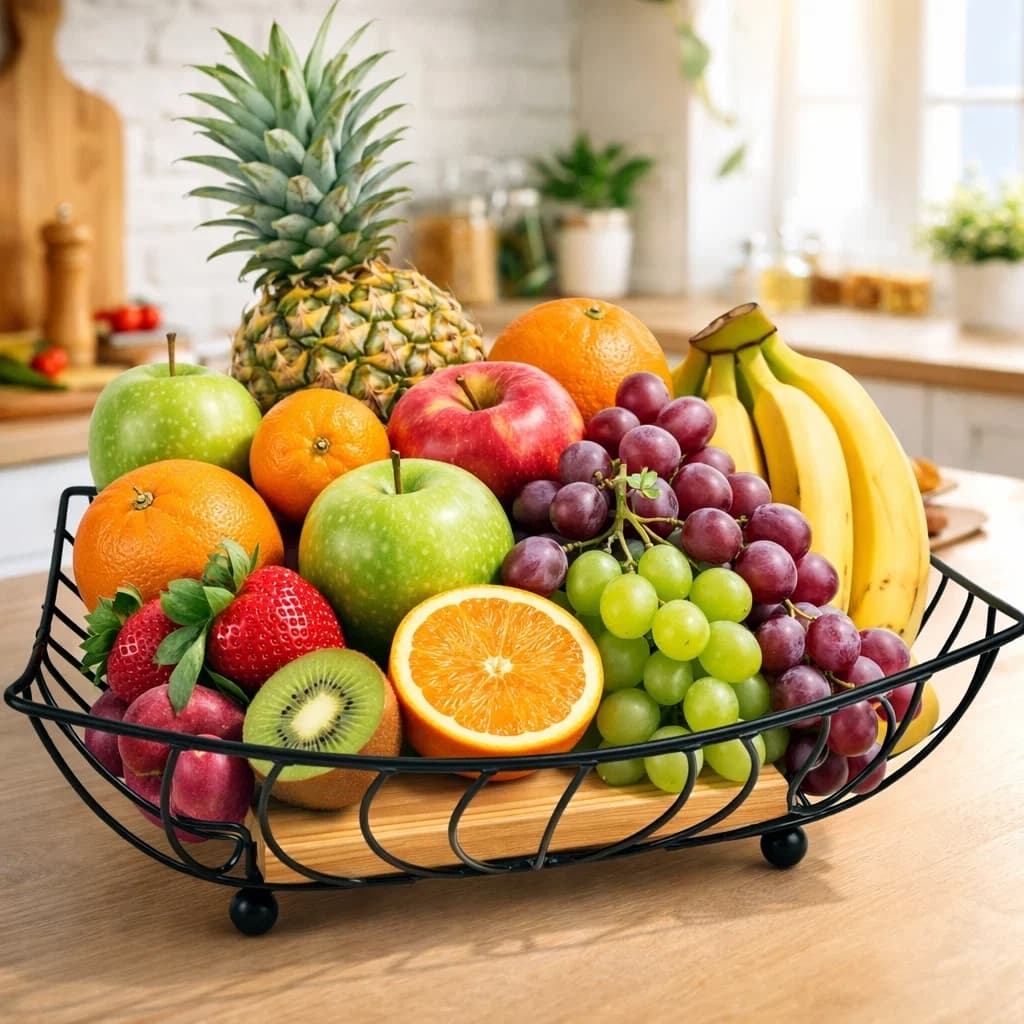 Fruteira Quadrada Aramada Ecowood Fruteira Aço Base Madeira Porta Frutas Mesa Cozinha Bancada