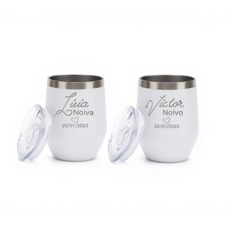 kit 2 Copos Térmico aço inox cuia 360ml com tampa casamento festa noivo noiva madrinha dinda e dindo padrinho