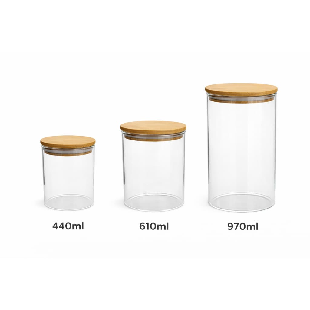 Kit 3 Potes de Vidro Borossilicato Hermético com Tampa de Bambu – 440ml, 610ml e 970ml | Top Útil
