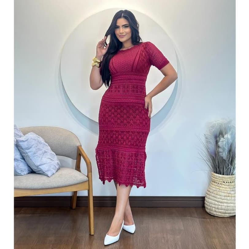 Vestido elegante midi c/ fenda lateral Feminino Crochê renda Boho Chik Moda meia estação Verão Trico