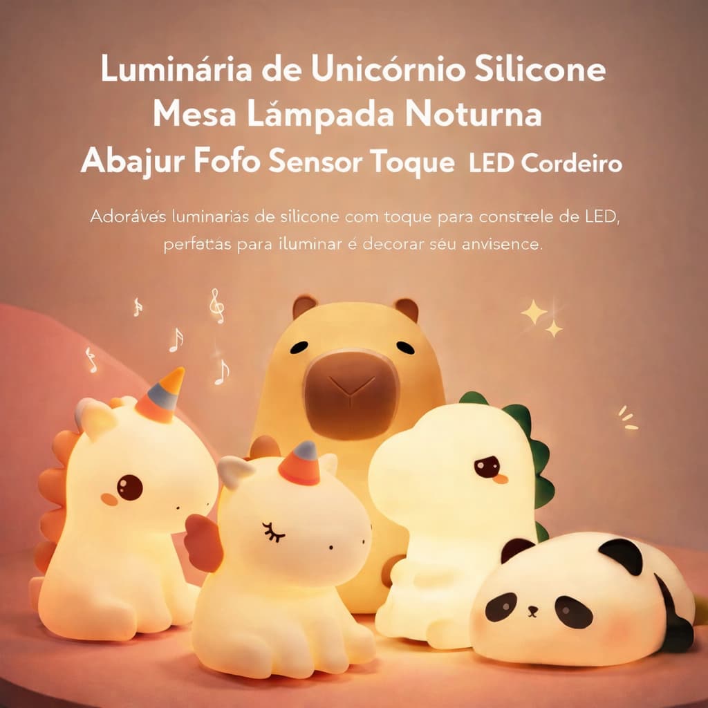 Luminária de Unicórnio Silicone Mesa Lâmpada Noturna Abajur Fofo Sensor Toque Touch Led Cordeiro