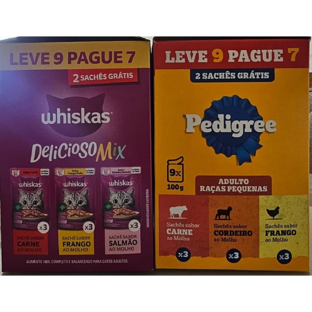 Kit Pedigree e Whiskas Sachê Mix de Sabores Leve 9 Pague 7 Para Gato e Cahorro Total de 18  Sachês (1 Caixa de Cada)