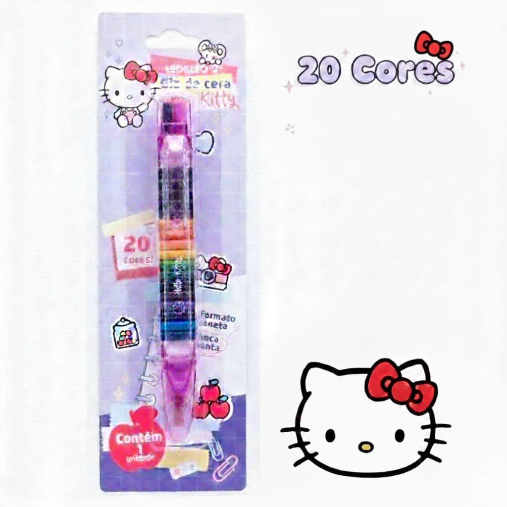 Caneta troca ponta giz de cera Hello Kitty 20 cores colorido volta as aulas menina rosa