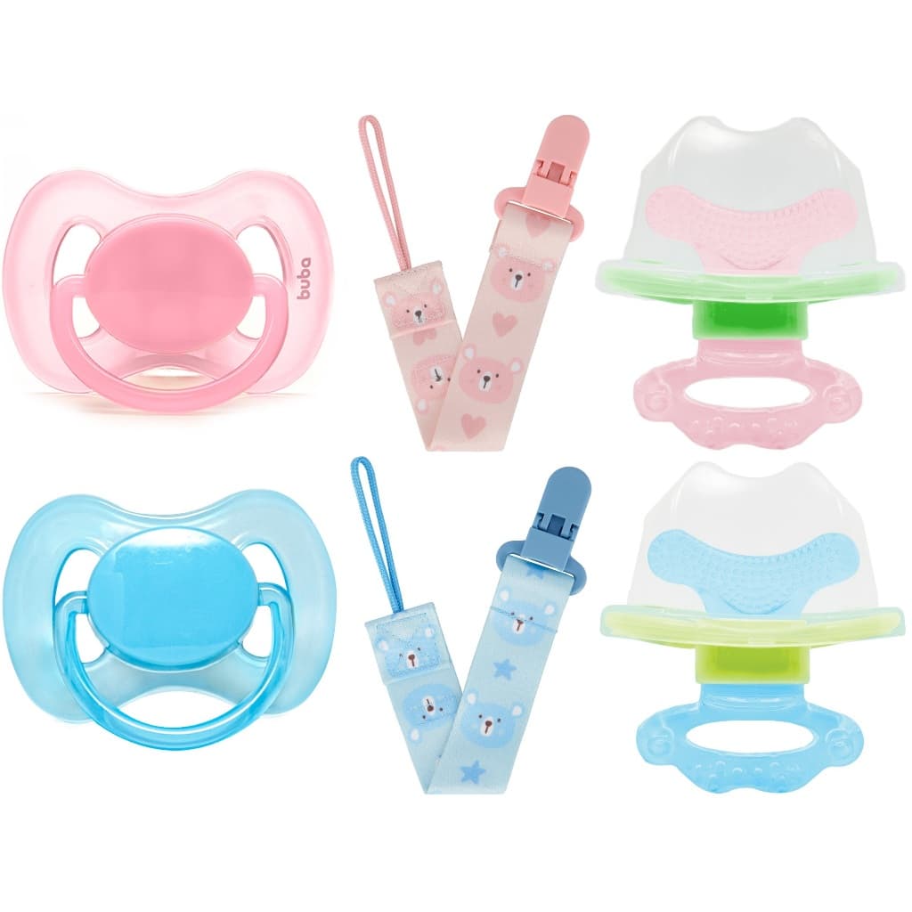 Kit Primeiros Cuidados Buba: Chupeta+Prendedor+Mordedor Massageador de Gengiva