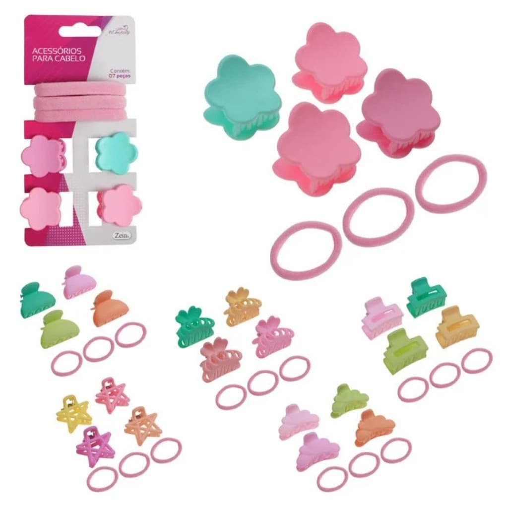 Kit Acessórios de Cabelo Infantil com Presilhas e Elásticos – 7 Peças Coloridas