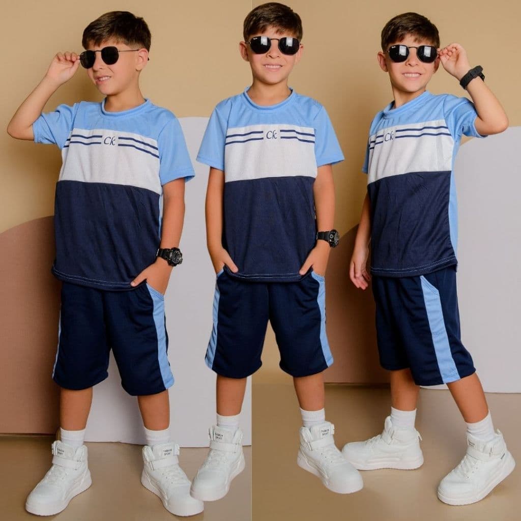 Conjunto Infantil Menino Juvenil Verão Estiloso bermuda e Camiseta Premium  Veste Do 2 até 12 anos