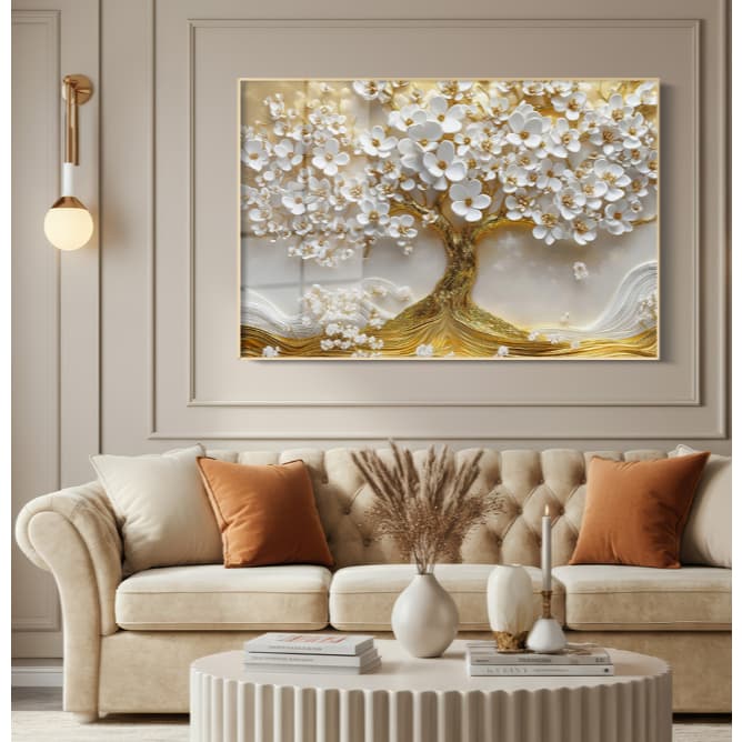 Quadro Decorativo A Árvore da Vida com flores brancas e um tom dourado, visual moderno, decoração...