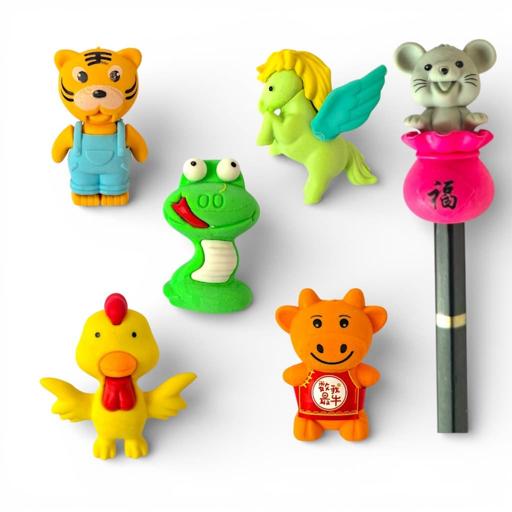 Kit 6 Borrachas Divertida Papelaria Fofa Bichinhos Ponteira de Lápis Escolar Menina Menino