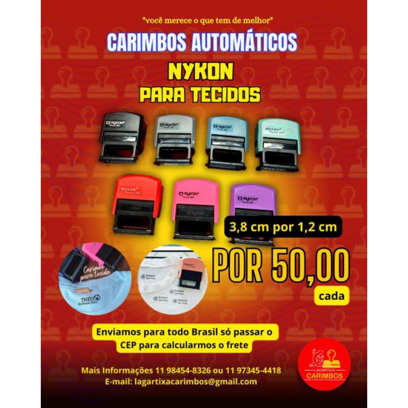 carimbo automático para tecido e uniforme escolares 3,8 por 1,5 cm + tinta