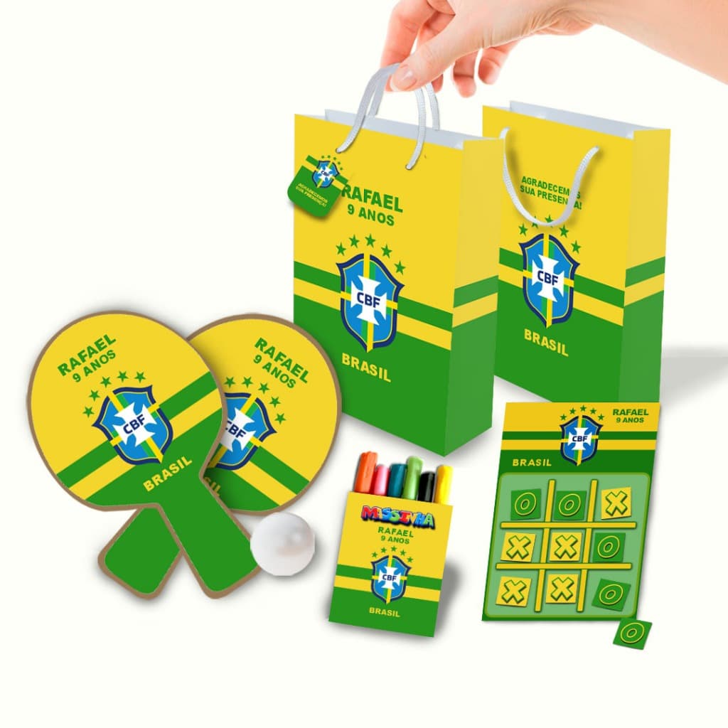 kit 04  Sacolinha Completo  Personalizado Raquete,Jogo da Velha, Massinha Seleção Brasileira