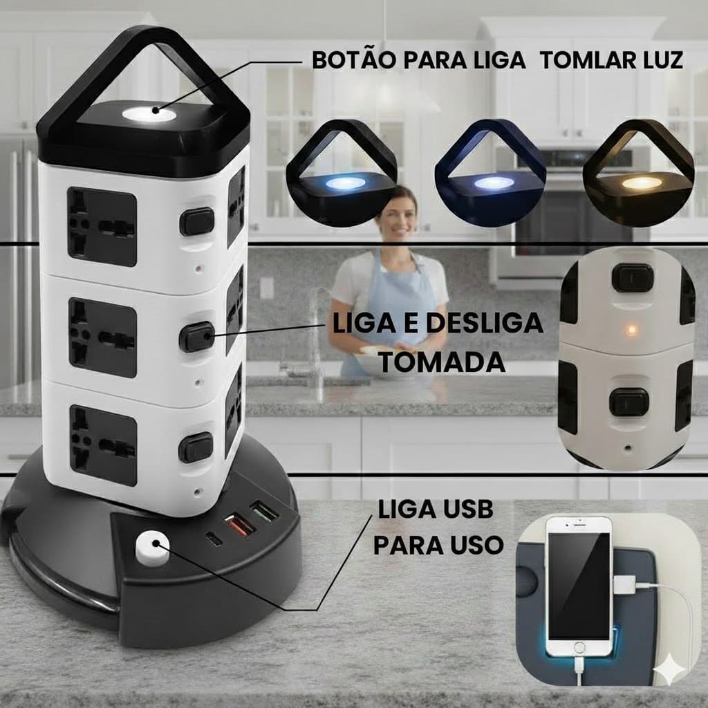Torre de 3 ANDARES - Tomadas Elétrica com 12 Entradas Universais + 2 Portas USB + 1 Porta Tipo C Bivolt BM-8700