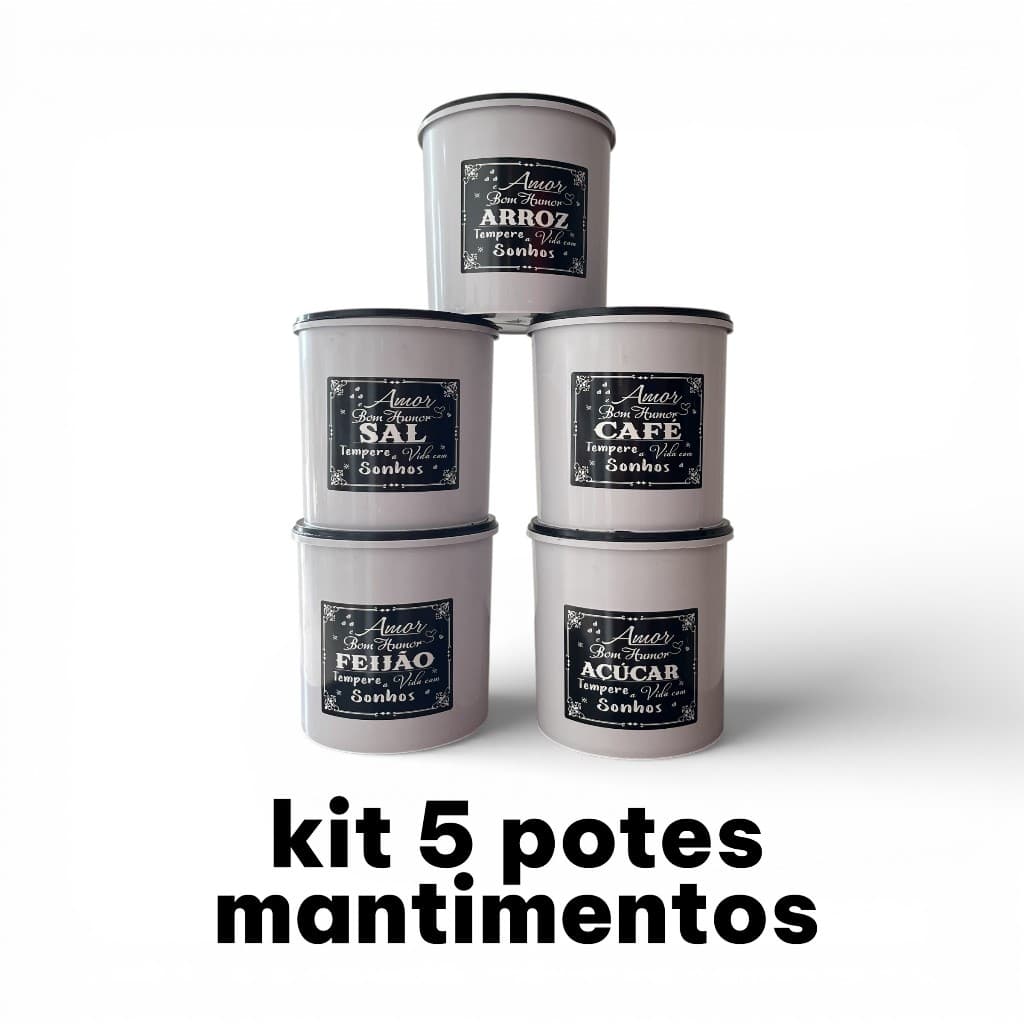 Kit Mantimentos com Tampa Decorados | 5 Potes Arroz Feijão Café Açúcar Sal