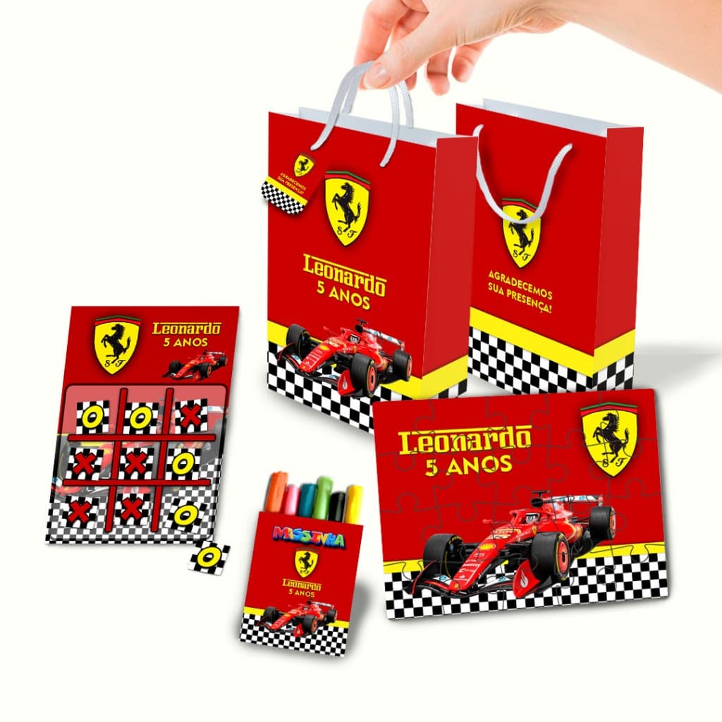 Lembrancinha Kit Personalizado Sacolinha, Quebra Cabeça, Jogo da Velha e Massinha Ferrari F1
