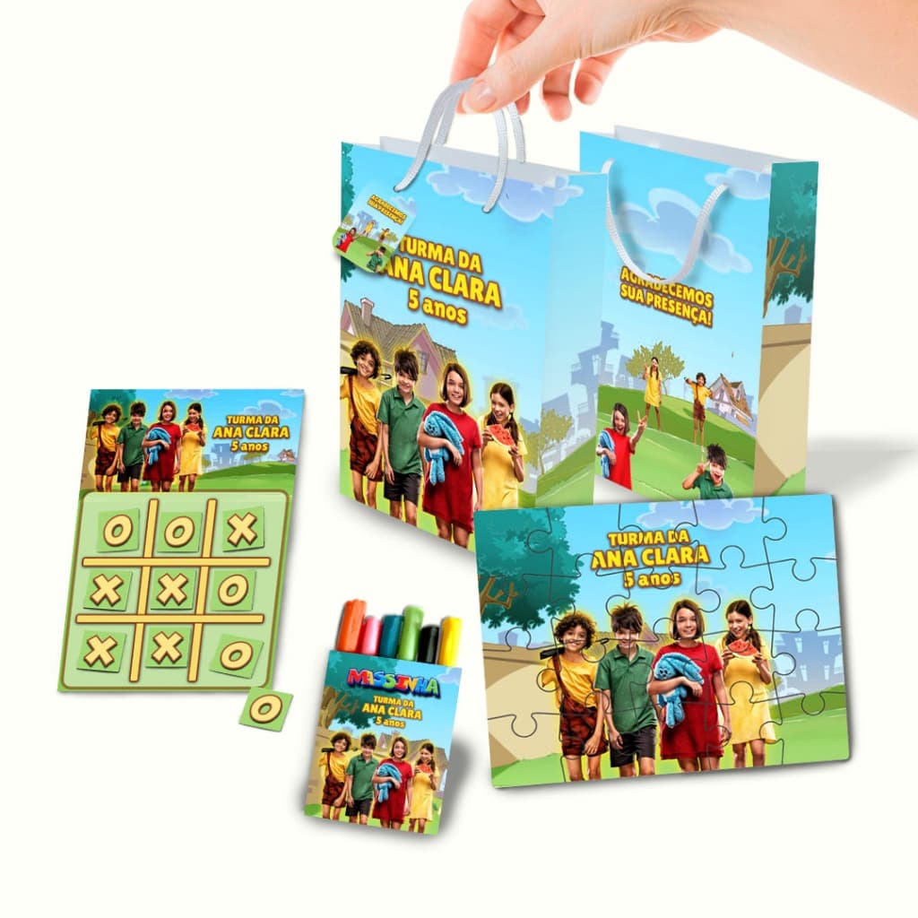 Lembrancinha Kit Personalizado Sacolinha, Quebra Cabeça, Jogo da Velha e Massinha Turma da Monica