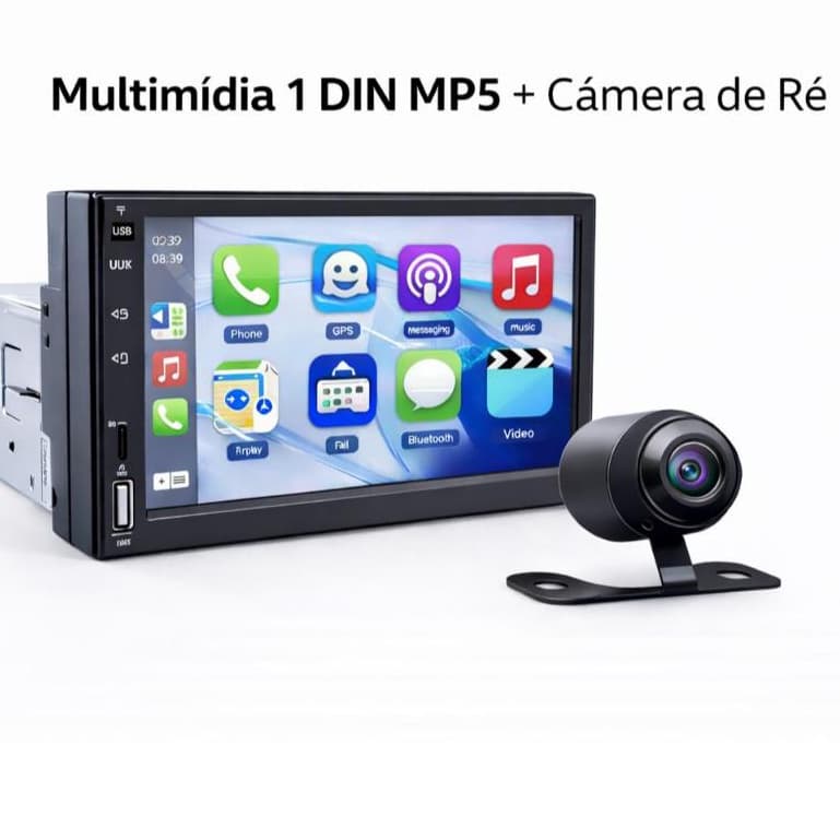 Central Multimídia Automotiva 1DIN Tela Touch 7” Polegadas +  Câmera Ré