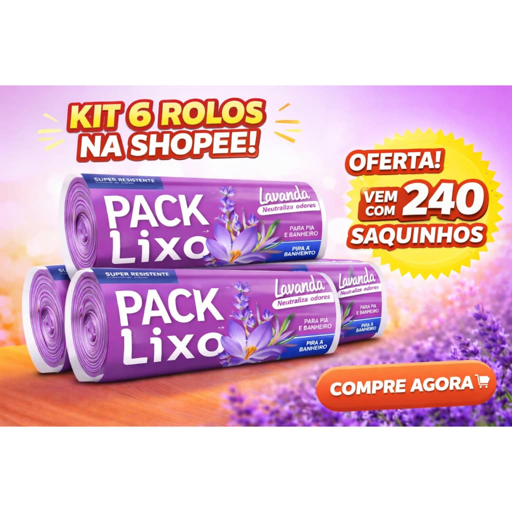 Kit 6 Rolos Saco de Lixo Perfumado Lavanda Pia e Banheiro - 240 Saquinhos Total