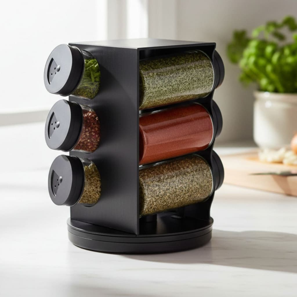 Porta Condimentos Temperos Giratório 6 Potes Vidro 80ml Com Tampa Rosca Quadrado Preto Wellmix
