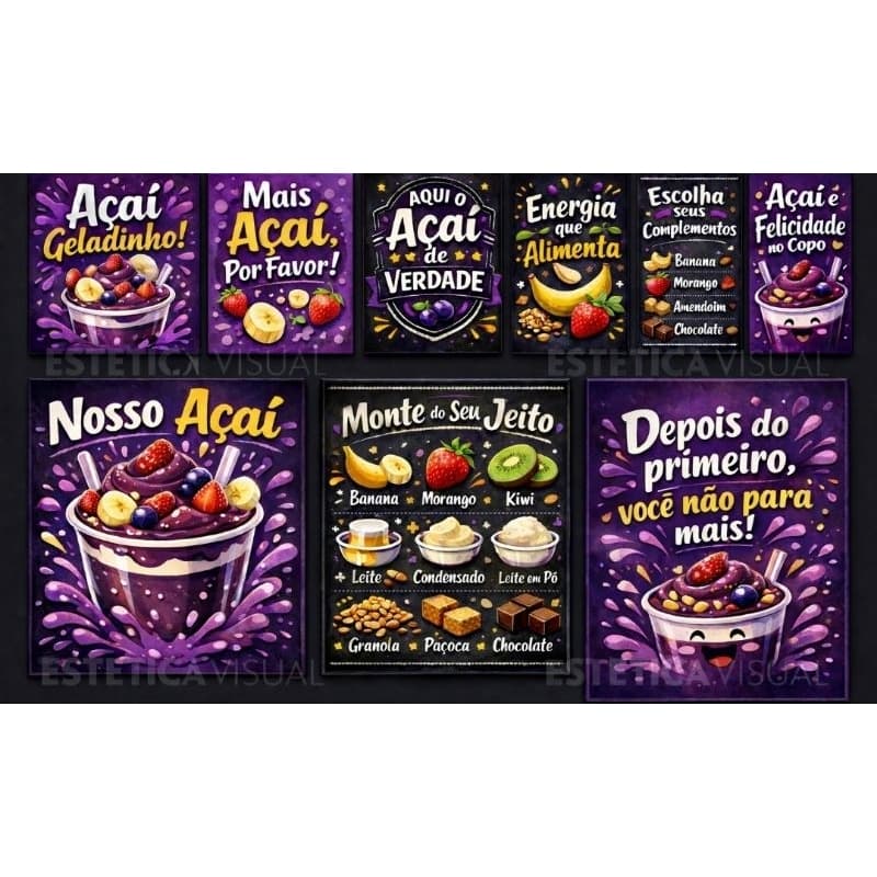Quadro decorativo para sorveteira e lanchonetes Açaí 3 peças 60×40 e 6 peças 20×30