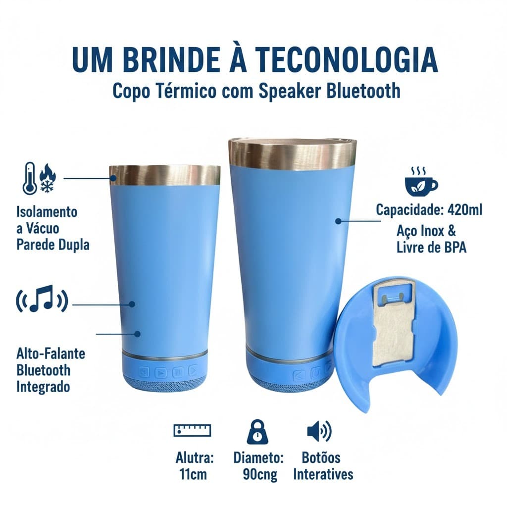 Personalizado - Bluetooth - Copo Térmico Som Led e TAMPA com ABRIDOR (420 ml) - Azul Claro
