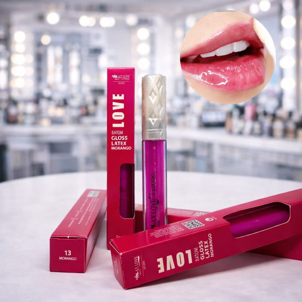 Batom Gloss Max Love Látex Morango - Gloss Morango - Brilhoso Hidratação e Efeito Volumoso