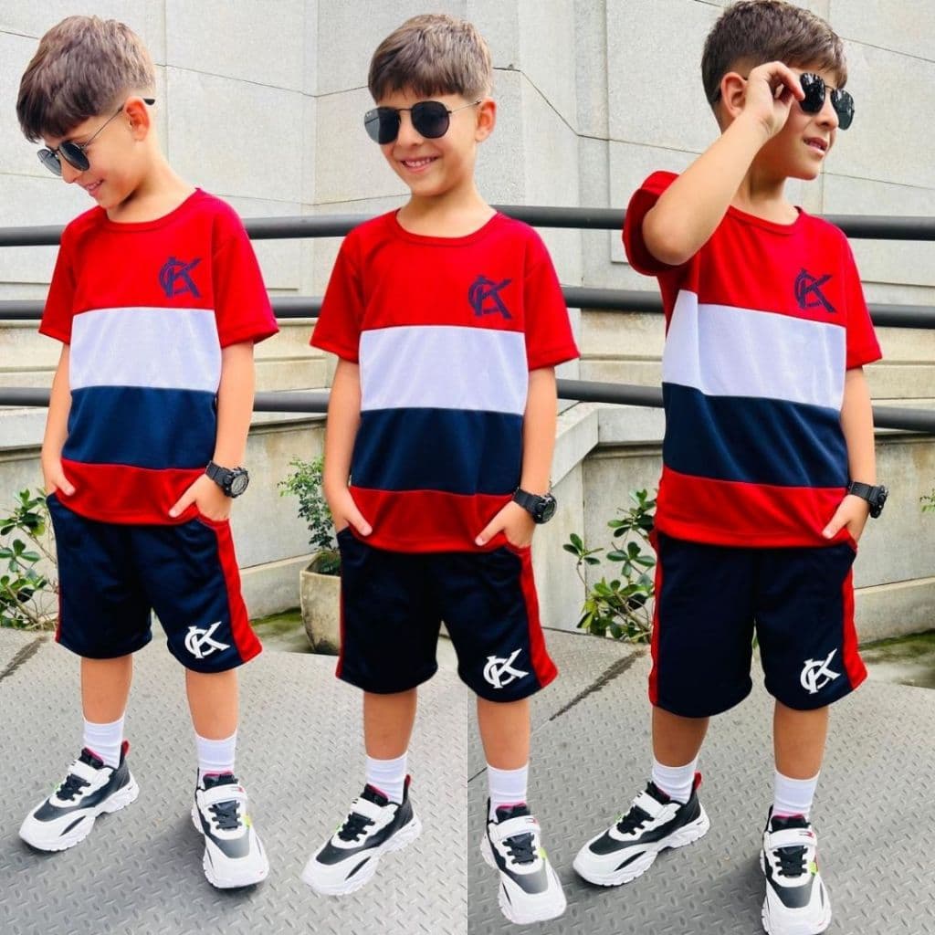 Conjunto Infantil Menino Juvenil Verão Estiloso Bermuda e Camiseta 100% algodão Veste Do 2 até 12 anos