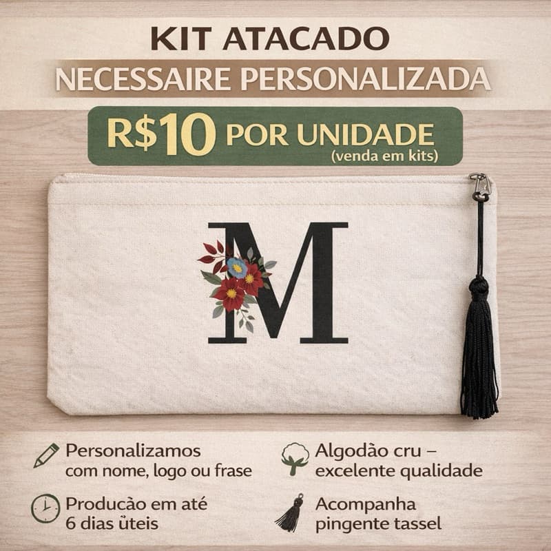 brinde com kit de 10, 12 ,15,20 ,35 e 40 necessaire PERSONALIZADA COM NOME para lembrancinha| presente de Natal empresa