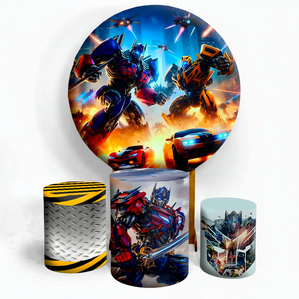 Painel de Festa Transformers Aniversário Kit Capas Painel Redondo + Trio Capa Cilindros Promoção