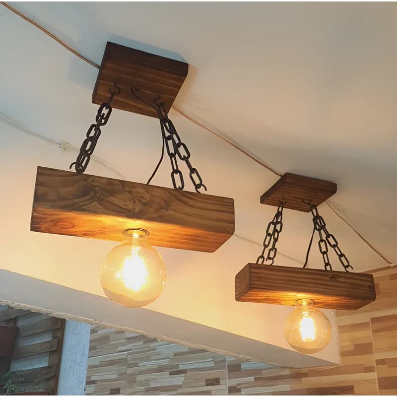 02 Lustres Luminária Bivolt Pendente de teto em madeira 29cm, com correntes, rústico