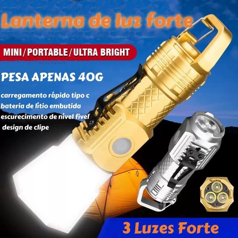Mini Lanterna LED Portátil Recarregável com Gancho e Clipe para Emergência, Camping e Uso Diário