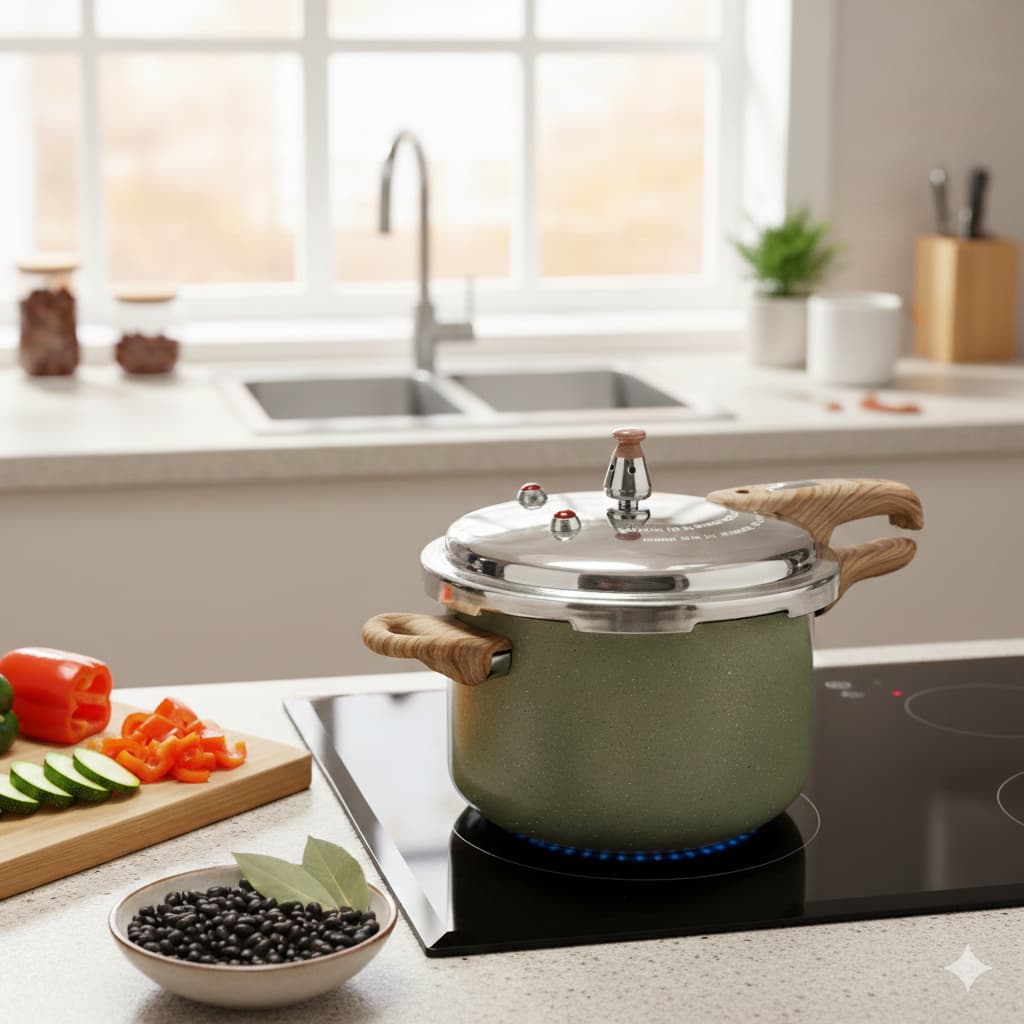 Panela Pressão Indução 4,2L Cerâmica Antiaderente Max Chef Wood Verde Acinzentado Revestida