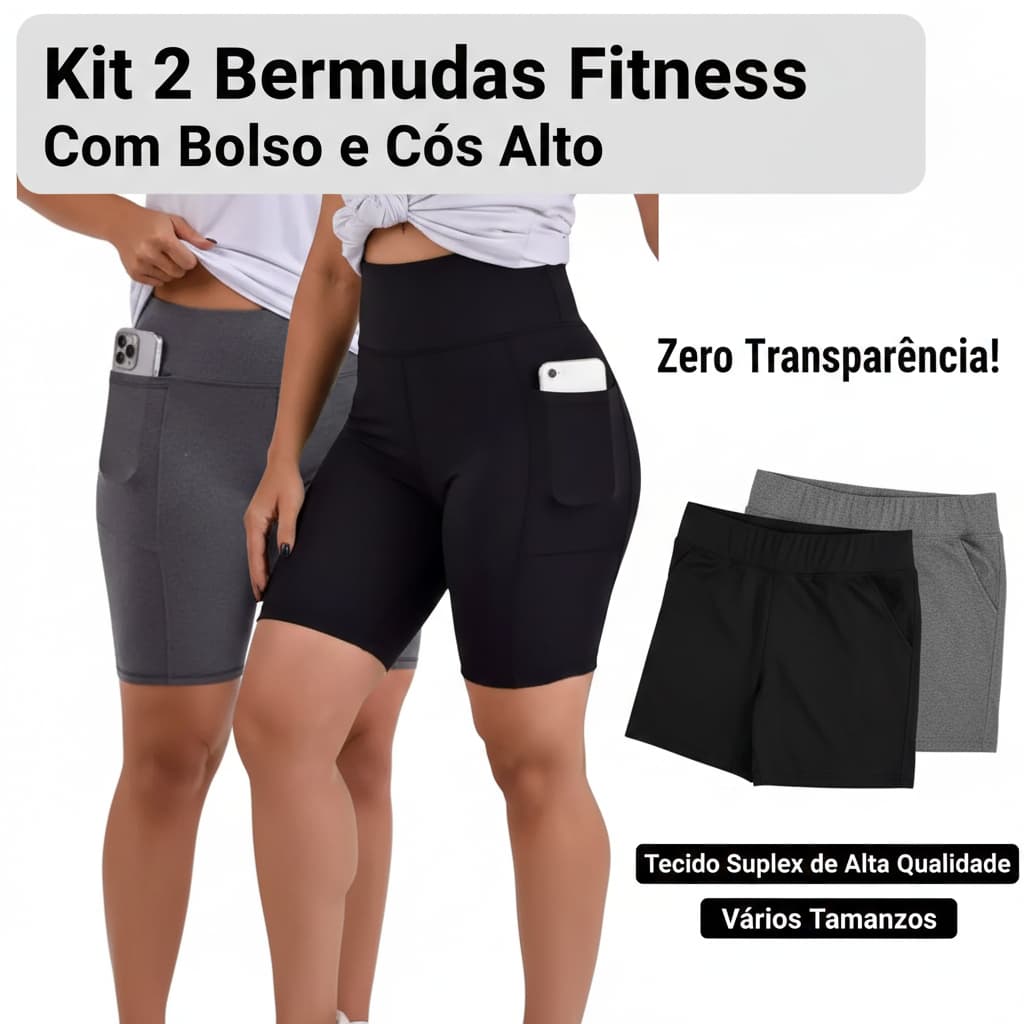 Kit 2 Short  Cintura Alta com Bolso Fitness Feminino