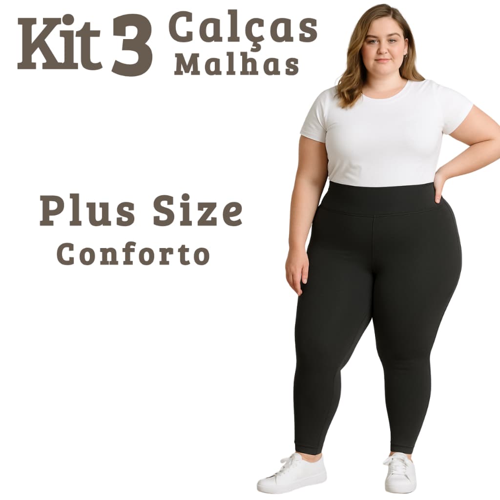 Kit 3 ou 2 Calças Legging de Malha Feminina Plus Size Lisa Cintura Alta Conforto GG G1 G2 G3