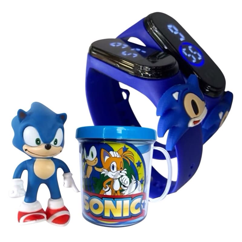 Kit 3 Boneco do Sonic + Relógio + Caneca