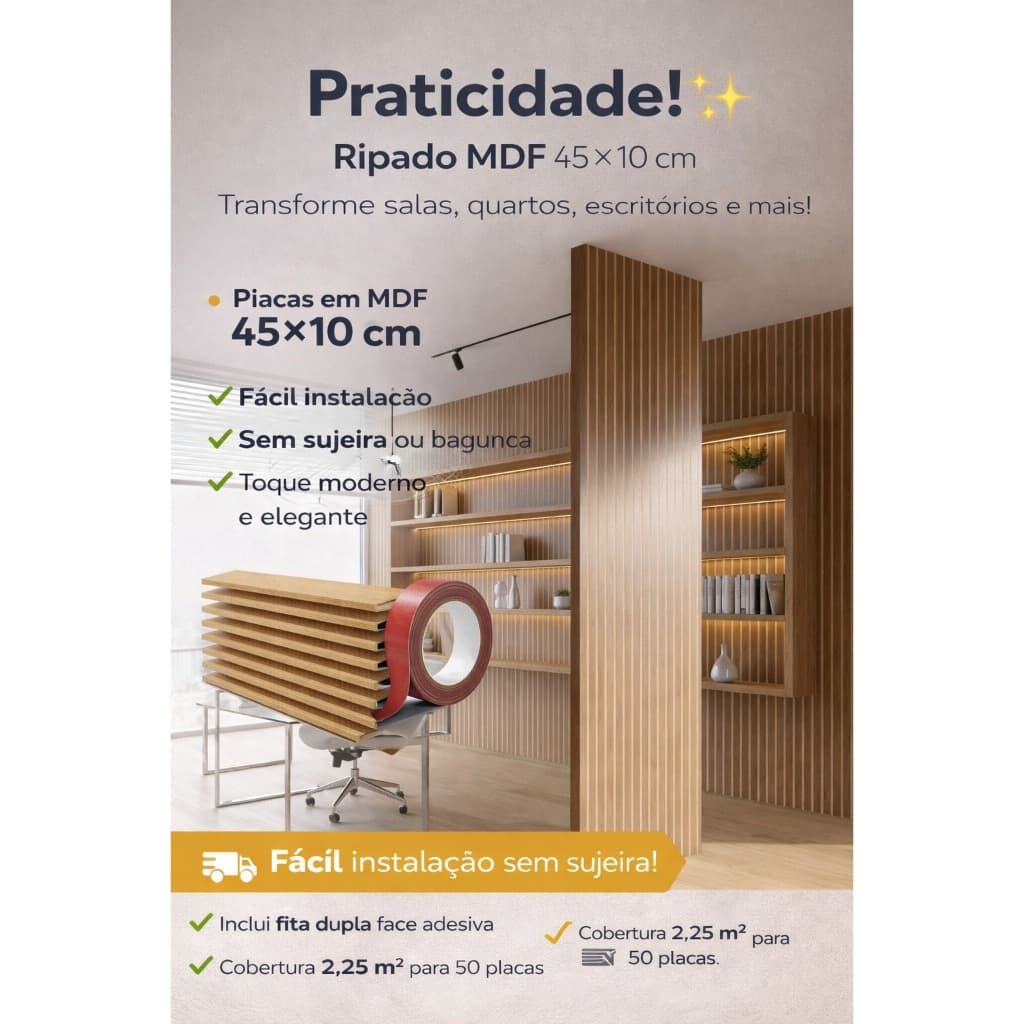 Kit 100 Placas Ripadas Madeira MDF Premium 45x10cm Painel Decorativo Revestimento Parede Sala Quarto