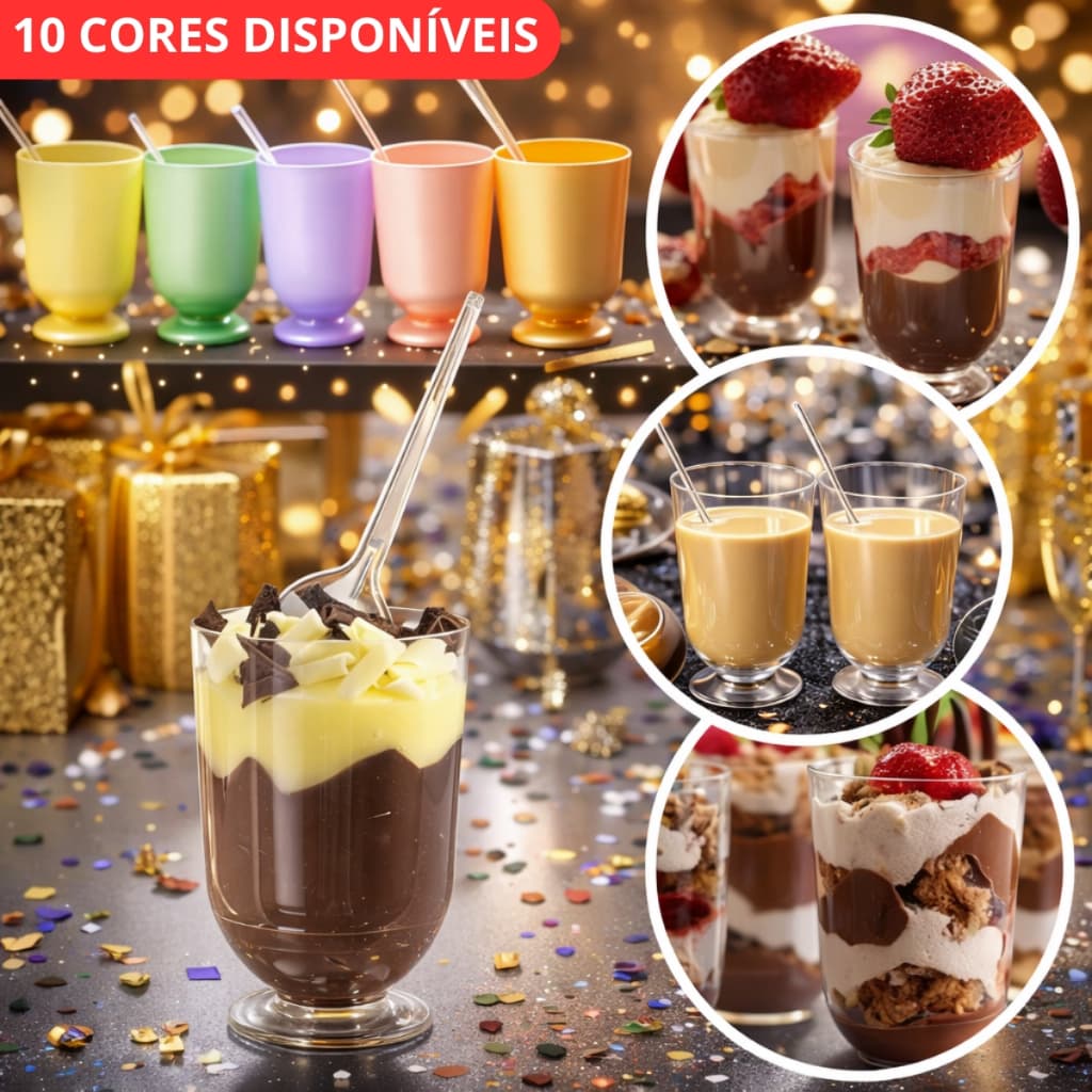 Kit 100 Tacinha Taça Potinho Acrílico plastico 50ml Brigadeiro Licor Mousse + 100 Colheres Festa Brigadeiro de Colher