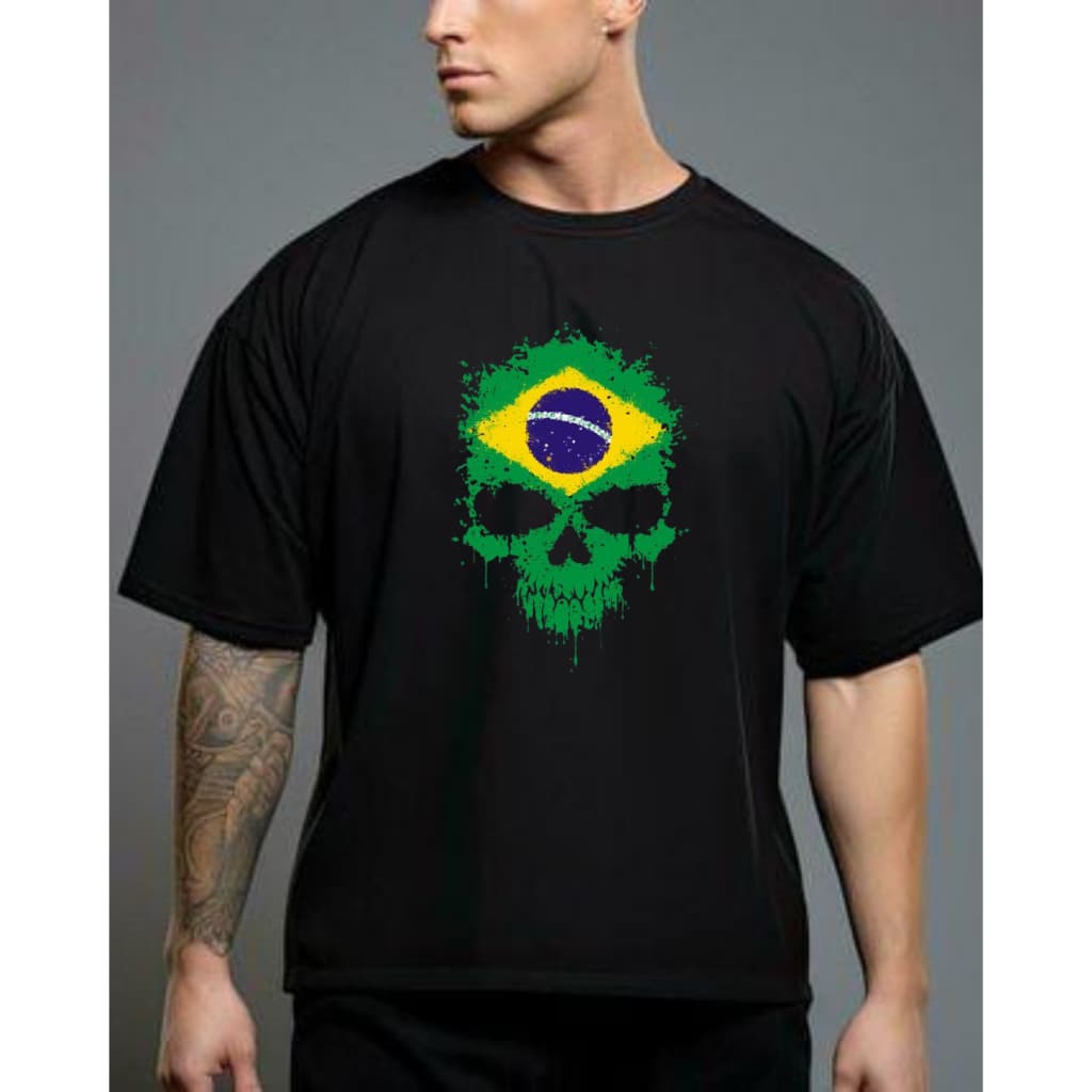 Camiseta Unissex Adulto Brasil Caveira 100% Algodão Hexa