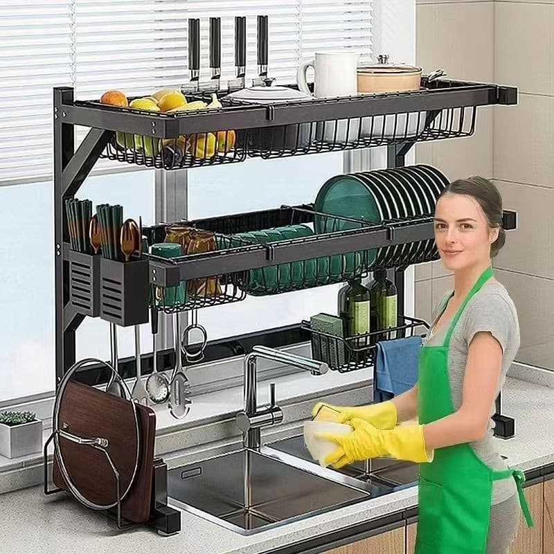 Escorredor De Louça Suspenso Kitchen Rack Aço Inoxidável Organizador Louça Preto 65/85cm Com 4 presentes