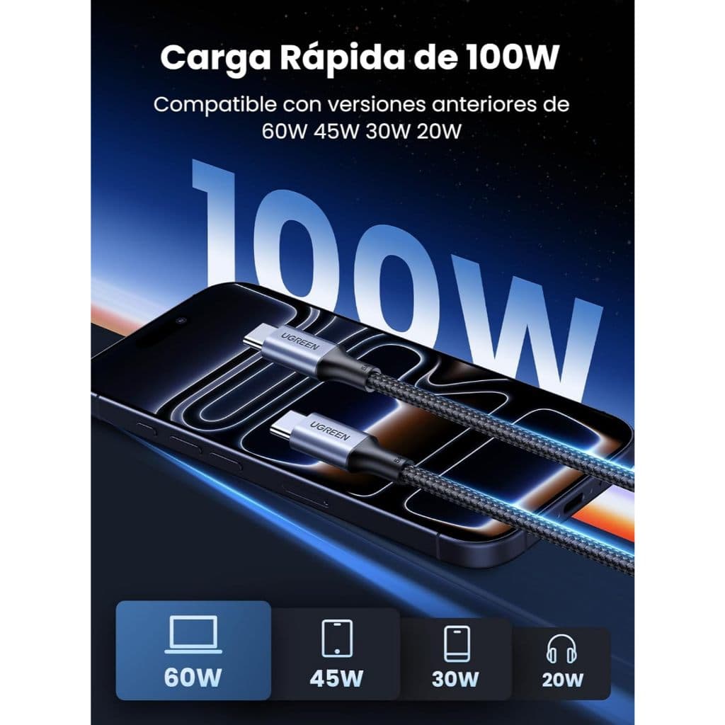 Cabo USB Tipo C para C UGREEN 100W 20V 5A, Carregamento Rápido (2Metros) Compatível MacBook iPad iPhone Galaxy Tab S11