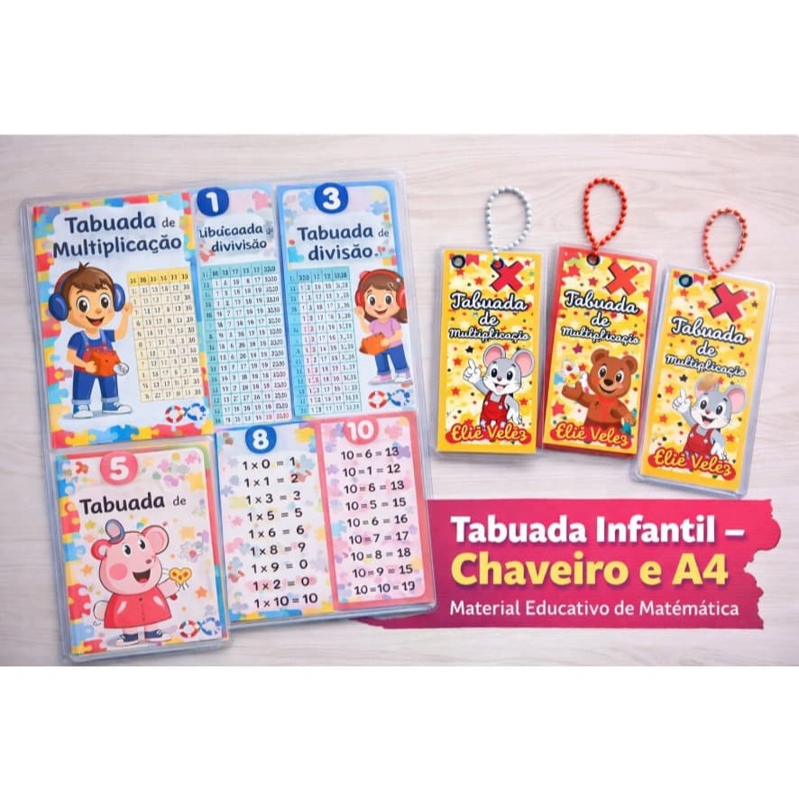 Tabuada Infantil Educativa de Matemática | Chaveiro e A4 | Material Escolar Personalizada
