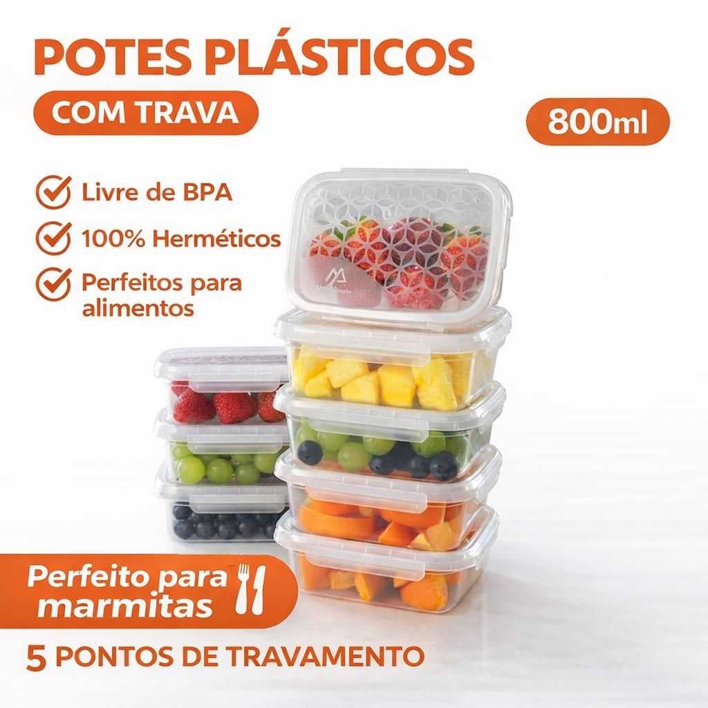 Kit 10 Marmita fitness Potes 800ml Travas Laterais  BPA FREE organizadores alimentos vasilhas
