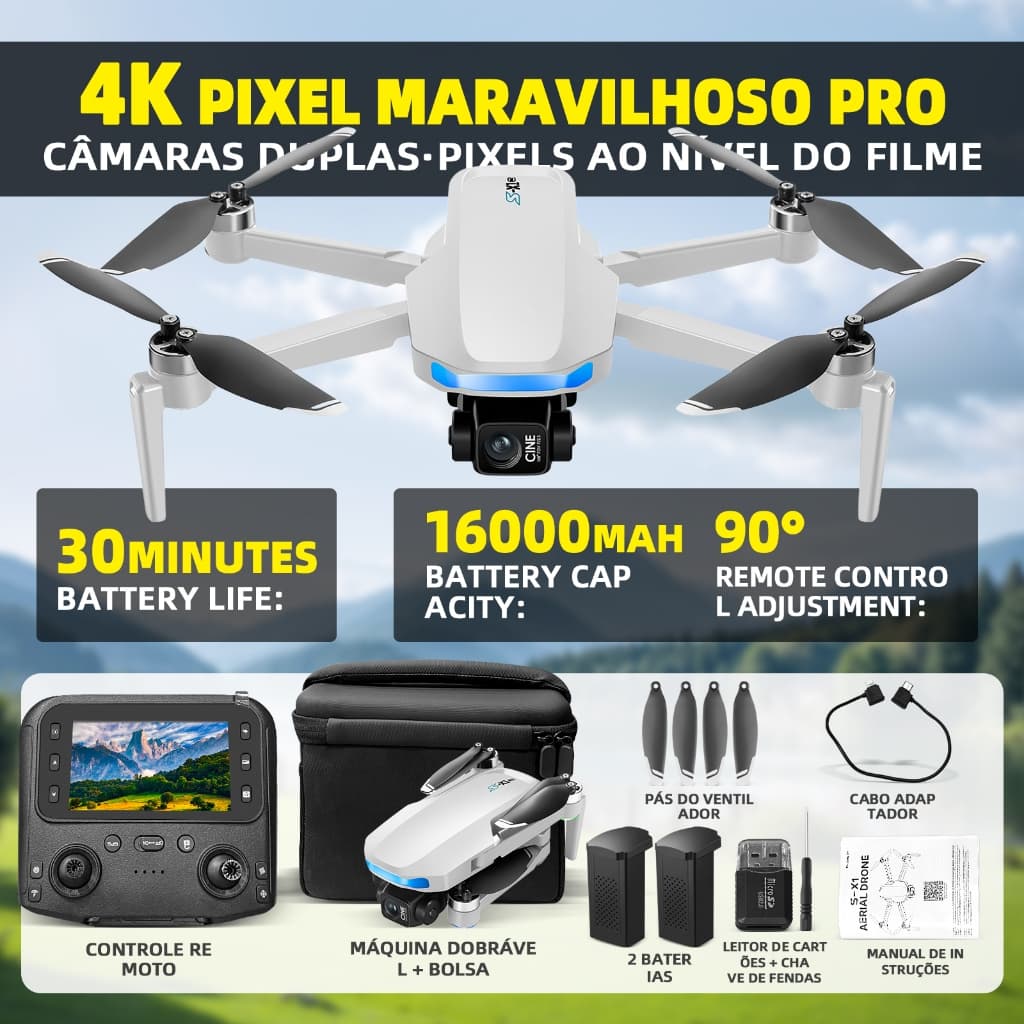 【GENAI】Drone S-X1 com GPS, tela de 4,5 polegadas com resolução 4K, drone triaxial，Duração 30 minutos,5K distância de voo