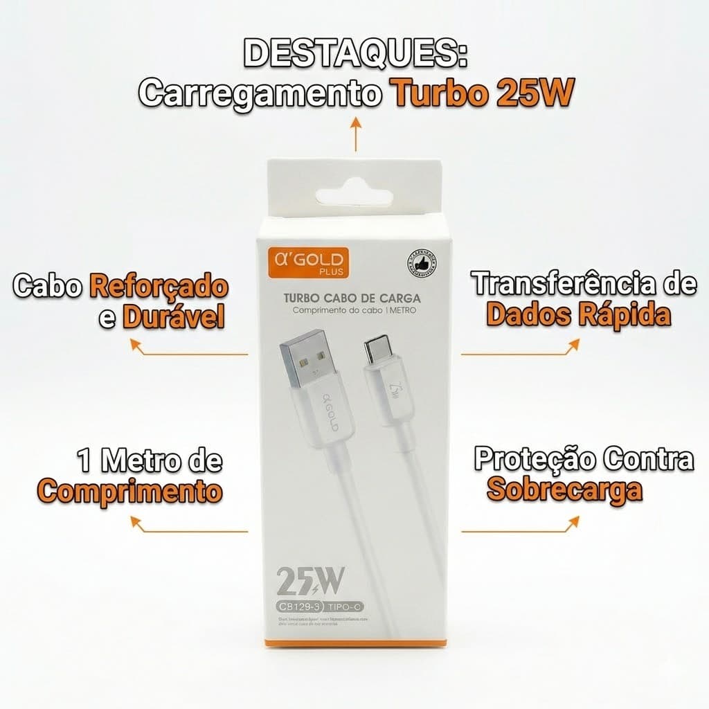 Cabo Turbo A’Gold 25W CB129-3 | Tipo-C 1 Metro | Carregamento Rápido e Seguro | Original