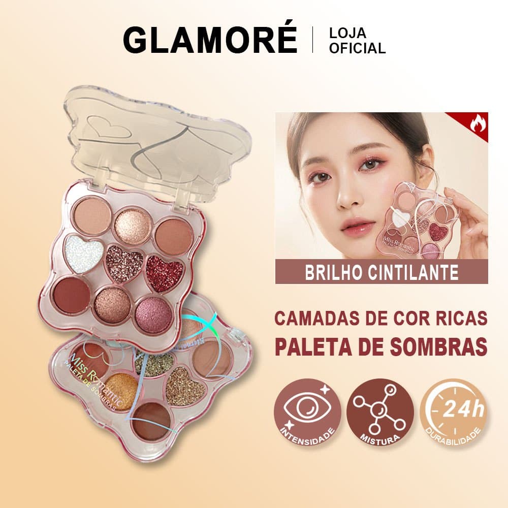 Paleta de Sombras Miss Romantic 9 Cores Matte Glitter Coração Pigmentada Pronta Entrega