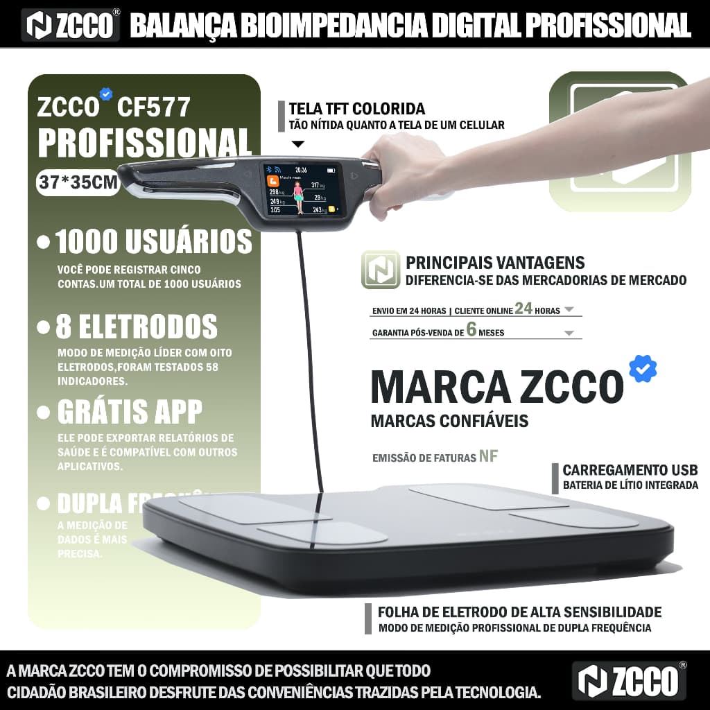 ZCCO CF577 Balança Bioimpedância 8 Eletrodos, 56 Dados Corporais, TFT 3.5", App Grátis, 180kg, USB-C recarregável