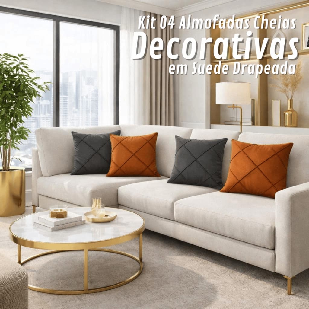 Almofadas Cheias Kit 4 Peças Decoração Sala Posta Drapeada Alta Costura Zíper Invisivel