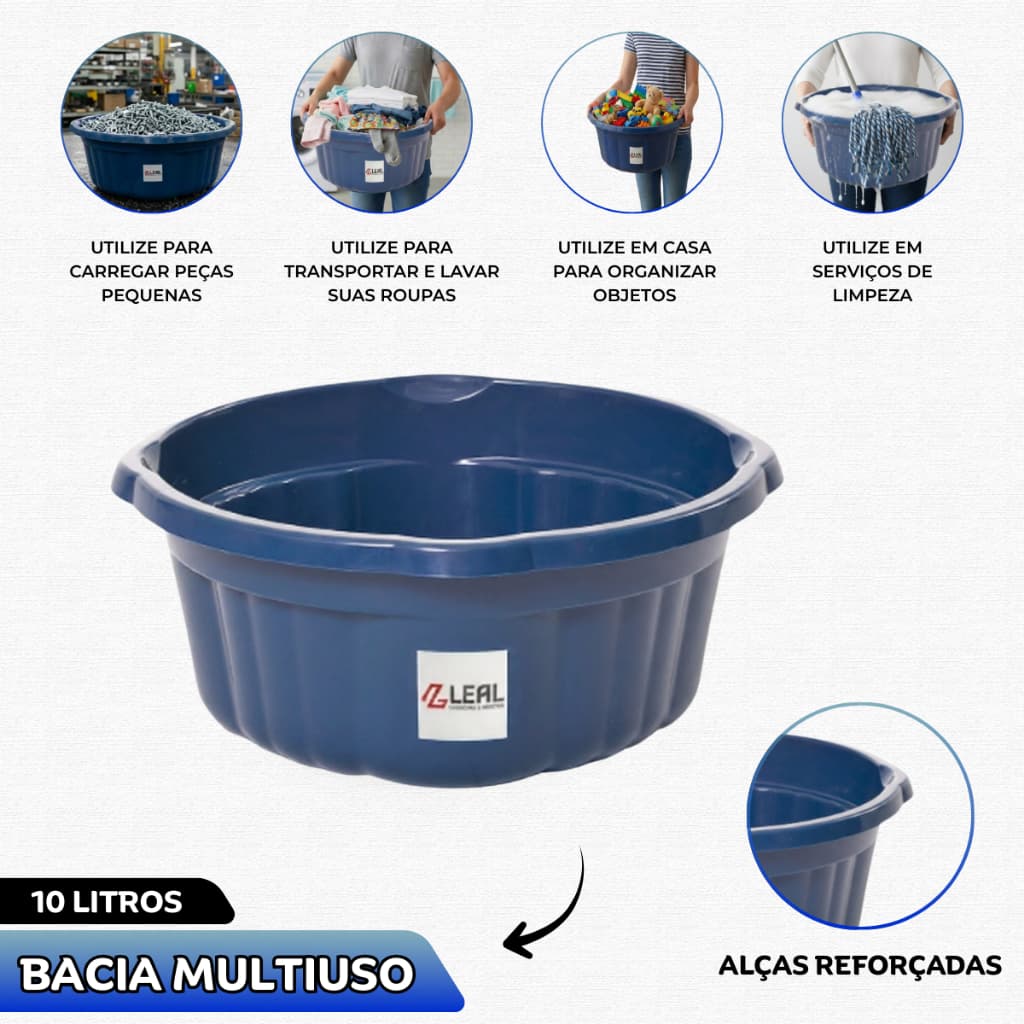Bacia Plástica Extra Reforçada 10 Litros Azul com Alças para Limpeza Lavanderia