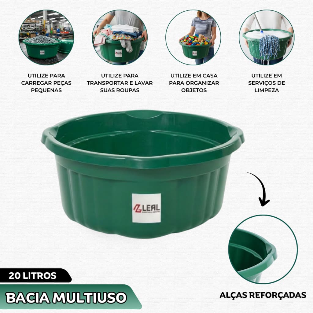 Bacia Plástica Extra Reforçada 20 Litros Verde com Alças para Lavanderia Limpeza