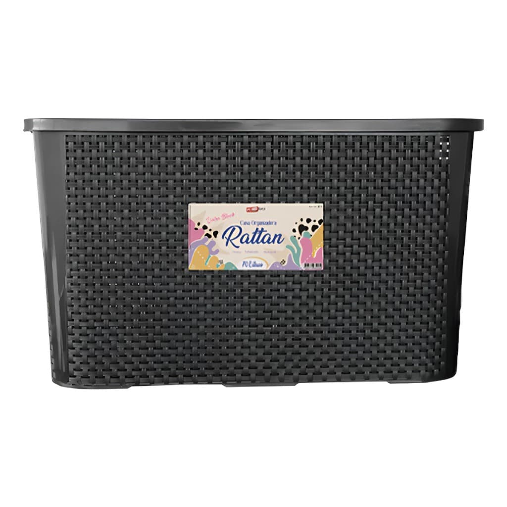 Caixa Organizadora Rattan 70 Litros Grande C/ Tampa Multiuso Preto