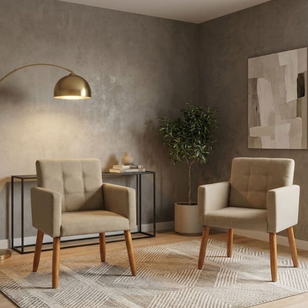 Jogo 2 Poltronas Costurada Tecido Suede Elegante para Sala de Espera Pés de Madeira
